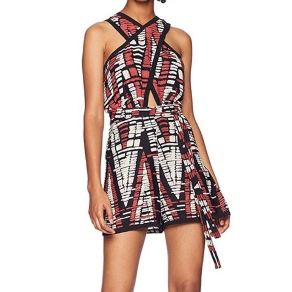 BCBG Strapless Graphic Print ROMPER in Black, red, Cream